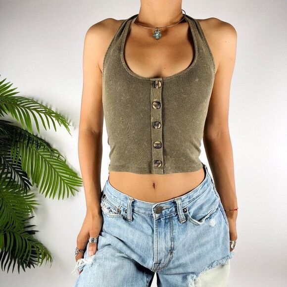 Women's Aeropostale Granola Girl Gorpcore Olive Green Halter Crop Top / Small - Picture 1 of 7